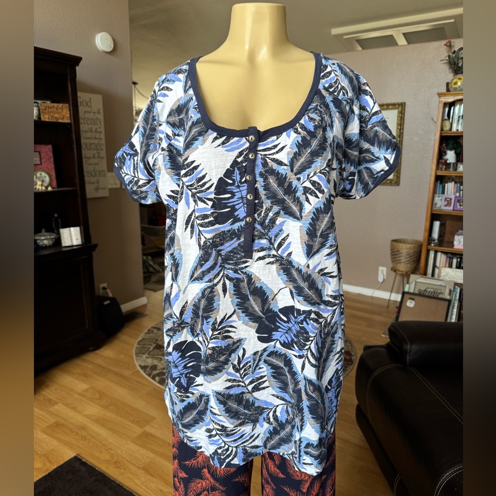 Woman Within blue, black, brown & white short sleeve tunic-size 1X